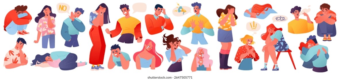 Set of emotional states of people, crisis, negative shocks, depression, sadness, keeping boundaries, ability to say "no", expressing anger. Vector female and male in different poses, body language.