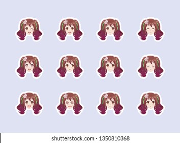 Set of emotional stickers head anime manga girl. Japanese cartoon style. For chat messages, paper or t-shirt print. Brunette girl