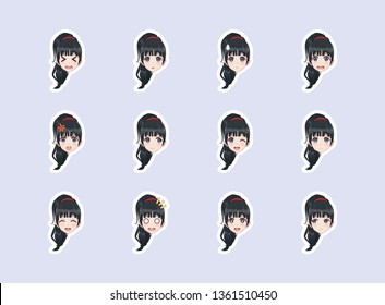 Set of emotional stickers head anime manga girl. Japanese cartoon style. For chat messages, paper or t-shirt print. Girl with black hair