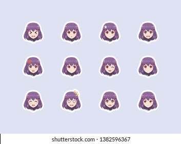 Set of emotional stickers head anime manga girl. Japanese cartoon style. For chat messages, paper or t-shirt print. Girl with purple hair