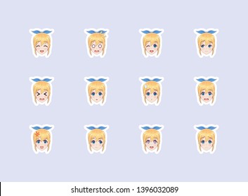 Set of emotional stickers head anime manga girl. Japanese cartoon style. For chat messages, paper or t-shirt print. Girl with blonde hair