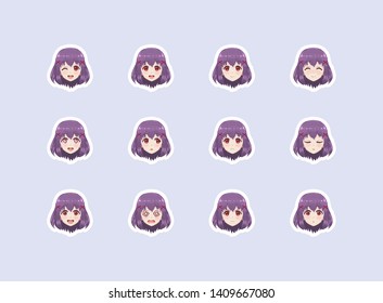Set of emotional stickers head anime manga girl. Japanese cartoon style. For chat messages, paper or t-shirt print. Girl with purple hair