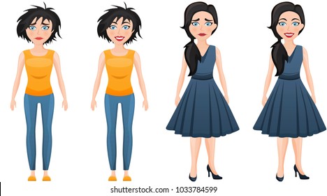 Set Of Emotional Women In Different Clothes. Sad And Happy Woman. Casual Business Clothes And Simple Shirt And Jeans Clothes. Same Woman With Different Hairstyles. Vector Illustration