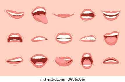 Conjunto de labios emocionales de las mujeres. Caricatura de expresiones de boca lindas.