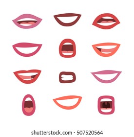 Set of emotional women's lips. Cartoon style illustration mouth. Isolated Hand drawn vector facial expression. Different lipstick