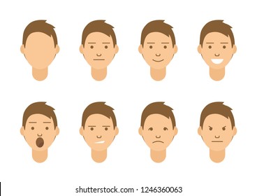 A set of emotions. 8 types of male faces. Different moods vector images. Isolated on white background.