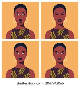 Set of emotions of african woman's face. African american woman with different facial expressions. Avatars with different moods. Isolated vector illustration