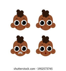 A set of emotions of an African-American kid. The face of the cute baby expresses happiness, sadness, anger and surprise. Cartoon vector illustration on a white background.