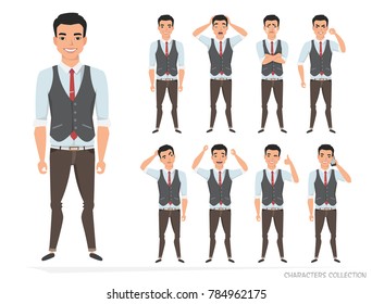 Set Of Emotions For Asian Business Man.