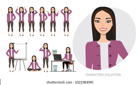 Set of emotions for asian business woman.