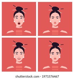 A set of emotions of an Asian woman's face. Avatars. 
Different moods: happiness, anger, sadness and fear. Vector illustration