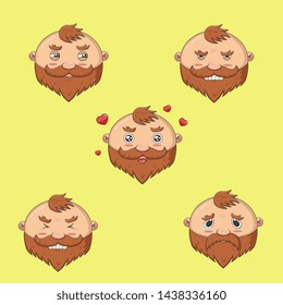 Set emotions of beard fat man. Sly, angry, in love, in stress, sad guy