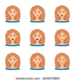 Set of emotions of beautiful blonde girl. Collection of different female emotions, vector illustration