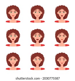 Set of emotions of beautiful girl. Collection of different female emotions, vector illustration