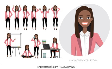 Set of emotions for black african american business woman.