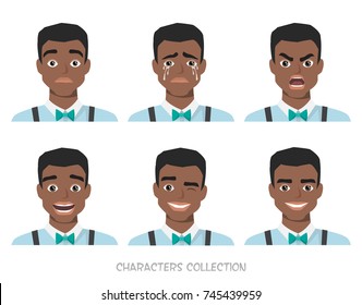 Set of emotions for black african american business man.Young male in a cartoon style experiences different emotions.