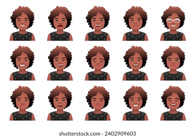 Set of emotions of a black African girl with the genetic disease Down Syndrome. Expression on the face of a sunny child. Vector illustration in cartoon style.