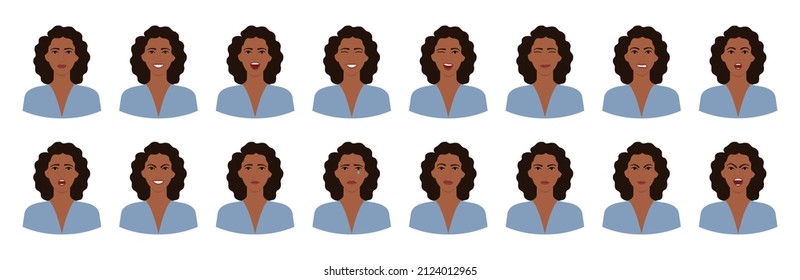 Set of emotions of black woman with curly hair. Variations of female facial expressions. Smile, happy, cheerful, surprised, sad, dissatisfied, irate, angry, terrified emotions. Flat vector character.