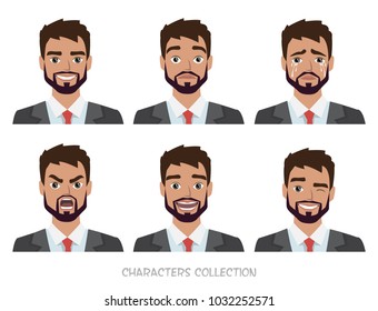 Set of emotions for business man.Young male in a cartoon style experiences different emotions