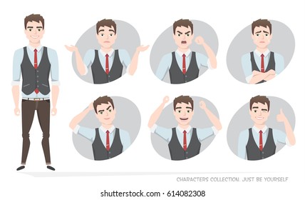 Set of emotions for business man.Young male in a cartoon style experiences different emotions.