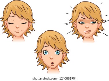A set of emotions by a cute girl [calm, anger, surprise]. Vector illustration.