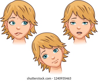 A set of emotions by a cute girl [excitement, fatigue, sympathy]. Vector illustration.