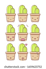 set of emotions cactus cute kawaii isolated on white background flat hand drawn cartoon