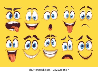 Set of emotions cartoon. Cartoon faces with big round blue eyes and big mouth. Smile, happiness, joy, scared, angry, rage, irritation.