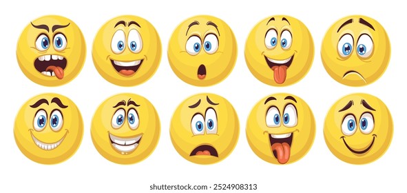 Set of emotions cartoon. Cartoon faces with big round blue eyes and big mouth. Smile, happiness, joy, scared, angry, rage, irritation.