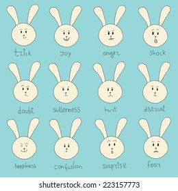 Set of emotions. Cartoon rabbit 