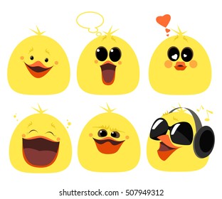 Set of emotions chicken. Different characters, anger, laughter, love, music, surprise. Vector cartoon