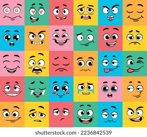 Set of emotions. Collection of stickers for social networks and messengers. Positive and negative, optimism and pessimism. Feelings, mood and facial expressions. Cartoon flat vector illustration