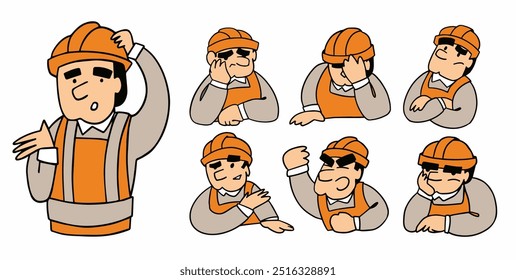 Set of Emotions of a Construction Worker in a Hard Hat in Vector Style