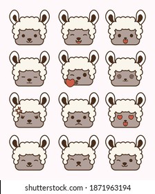 set of emotions. cute animals, sheep faces with different faces. Flat design vector illustration