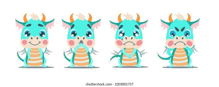 Set of emotions of a cute baby green dragon. Joy, surprise, sadness and anger.  Vector illustration for designs, prints, greeting card and patterns. Cute  fantastic symbol  baby dragon of 2024