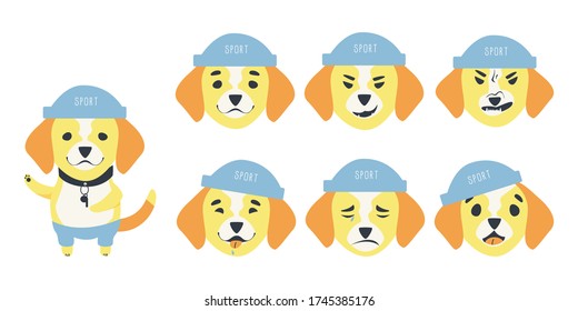 Set of emotions of a cute Beagle dog. A dog can be different happy, sad and kind. Sports accessories whistle, hat and pants. Flat cartoon vector illustration.
