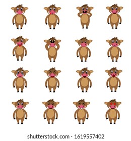 Set of emotions of cute boars in a flat style isolated on white background. Stock vector illustration for decoration and design, children's books and coloring, stickers, fabrics, packaging, postcards 