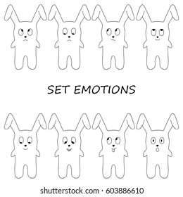Set of emotions cute bunny in the cartoon style. Set of rabbits. Hand drawing. Vector illustration.