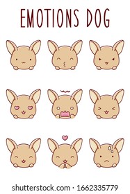 Set of emotions cute dog cartoon character face kawaii, isolated on white background flat hand drawn