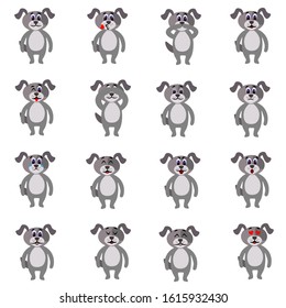 Set of emotions of a cute dog in flat style isolated on white background. Stock vector illustration for decoration and design, children's books and coloring, stickers, fabrics, packaging, postcards an