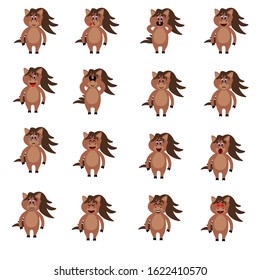 Set of emotions of cute horses in a flat style isolated on white background. Stock vector illustration for decoration and design, children's books and coloring, stickers, fabrics, packaging, postcards