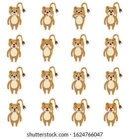 Set of emotions of cute lionesses in a flat style isolated on white background. Stock vector illustration for decoration and design, children's books and coloring, stickers, fabrics, packaging, poster