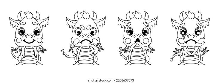 Set of emotions of a cute little baby dragon. Joy, surprise, sadness and anger. Vector illustration for designs, prints, greeting card, coloring book for kids and patterns. symbol  of 2024