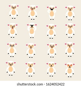 Set of emotions of cute sheep in a flat style isolated on background. Stock vector illustration for decoration and design, children's books and coloring, stickers, fabrics, packaging, postcards