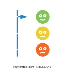 Set of emotions, different color on white background. Rating scale satisfaction. Symbols of emoji. Level service, smiles. Icons for support. Vote Scale mood. Vector illustration