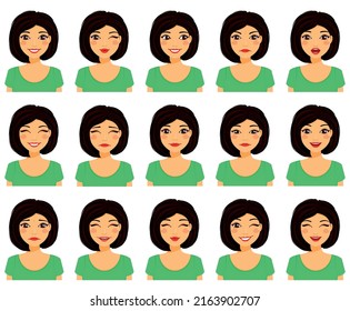 Set of emotions. Different facial expressions. Beautiful girl with different facial expressions. Flat style on a white background. Cartoon.