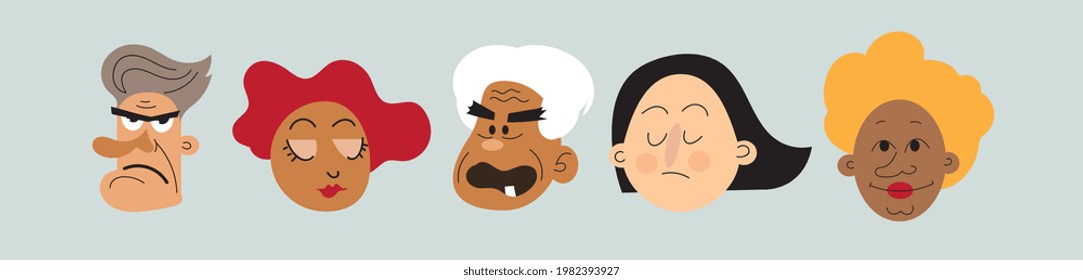 Set of emotions of different people. Joy, sadness, anger, surprise. Flat cartoon style vector illustration.