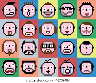 SET OF EMOTIONS SET OF EMOJI FACE ICONS FACE PIXEL FACE RETRO VINAGE FACE