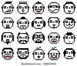 SET OF EMOTIONS SET OF EMOJI FACE ICONS FACE PIXEL FACE RETRO VINAGE FACE BLACK AND WHITE