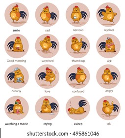 Set Emotions. Emotional avatar, sticker for site, infographics, websites, e-mails, newsletters. Round smile cock on a white background. Vector. Picture. Image. Stock. Illustrations isolated